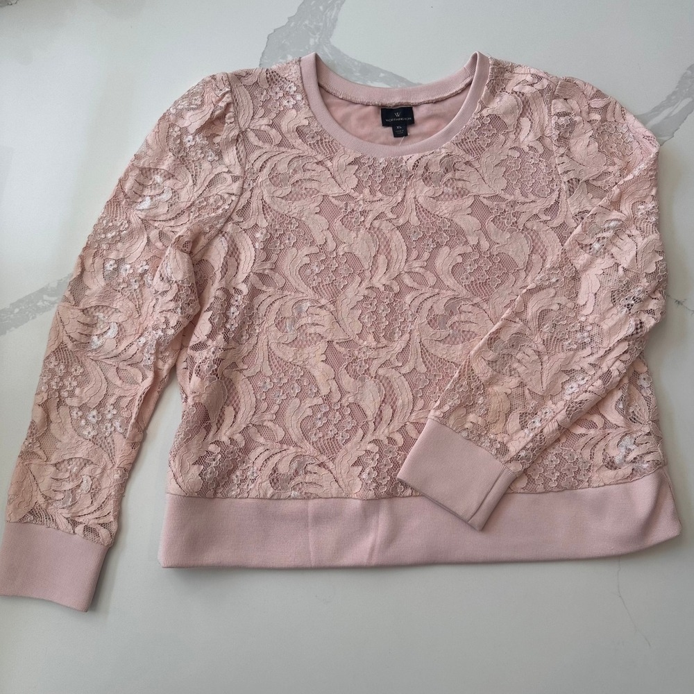 Worthington Pink Floral Lace Sequin Sweatshirt Top XL Blush Crew Neck Lined